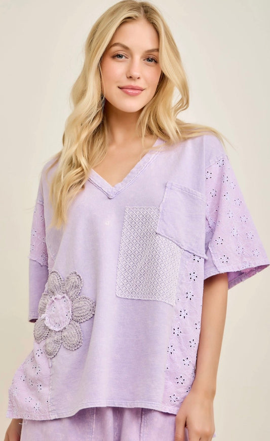 PREORDER NOW, Arriving Thursday…Lilac top with crochet flower and patches