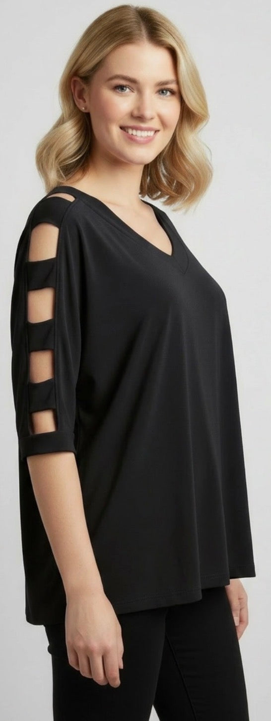 Black jersey knit top with arm cutouts