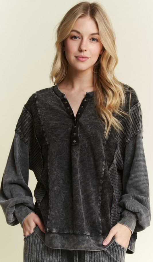 PREORDER NOW, Arriving Friday...Black mixed knit snap henley top