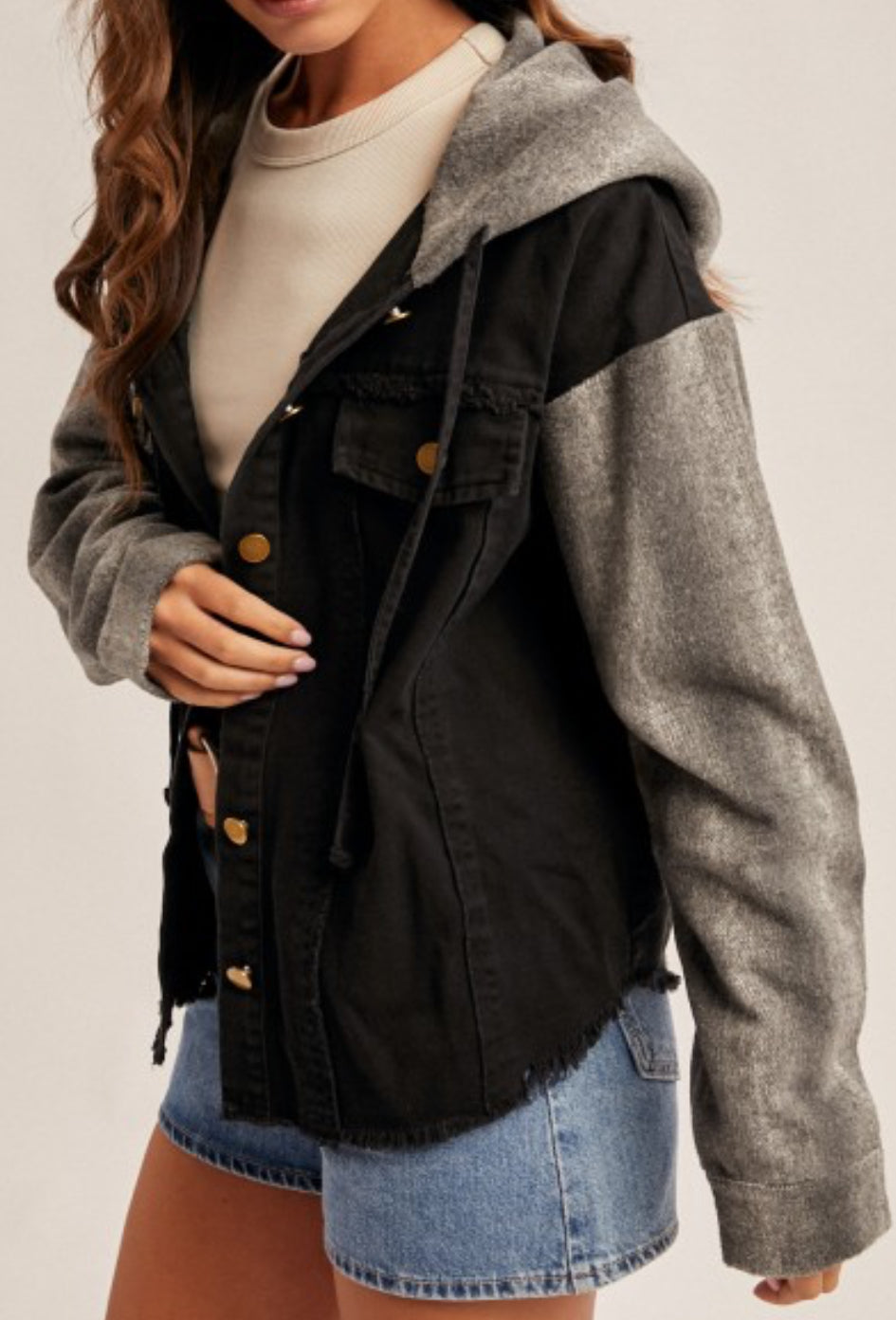 Black denim jacket with grey sleeves