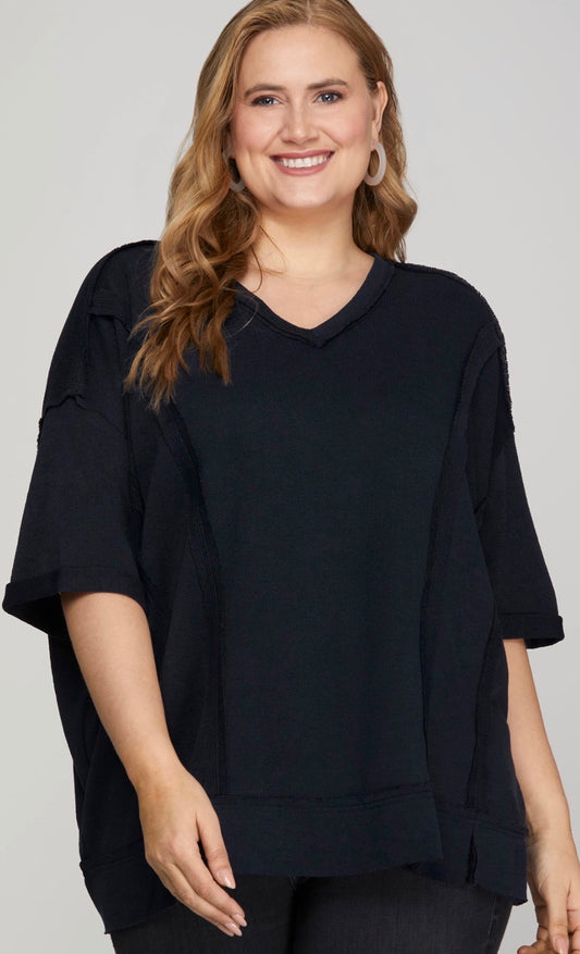Plus size black relaxed fit v neck soft knit top