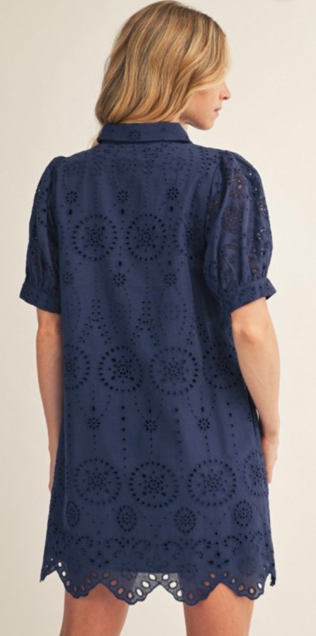 Navy eyelet short sleeve dress