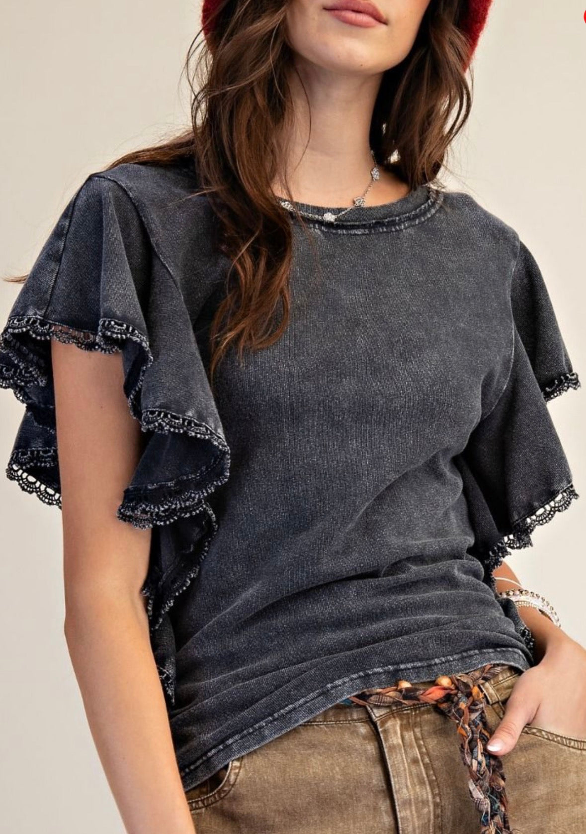 Mineral wash black ruffle sleeve top with eyelet trim