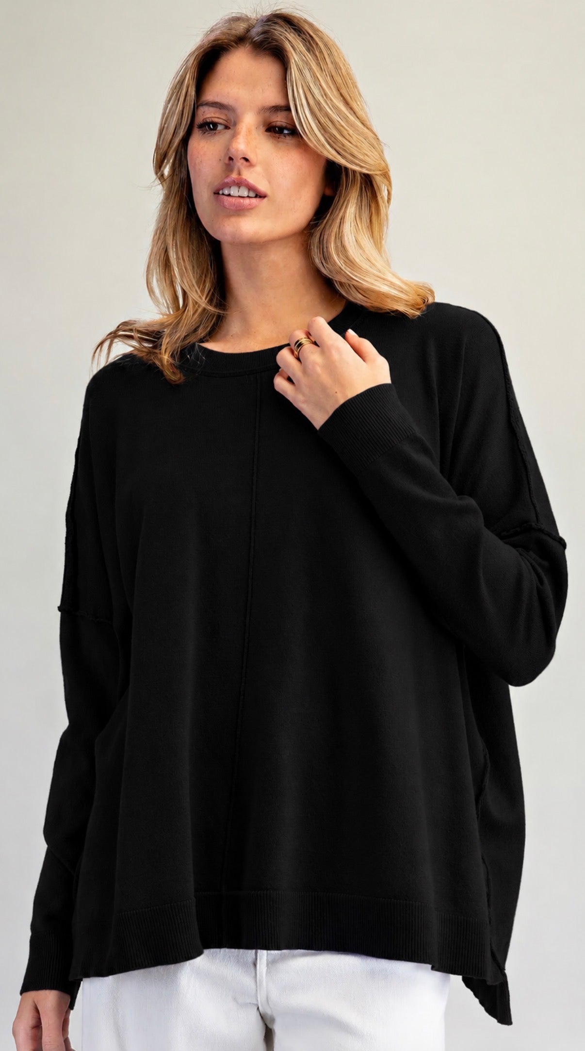 PREORDER NOW, Arriving Thursday…Black soft knit relaxed fit dolman sweater