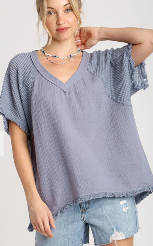 Blue gauze top with waffle shoulders