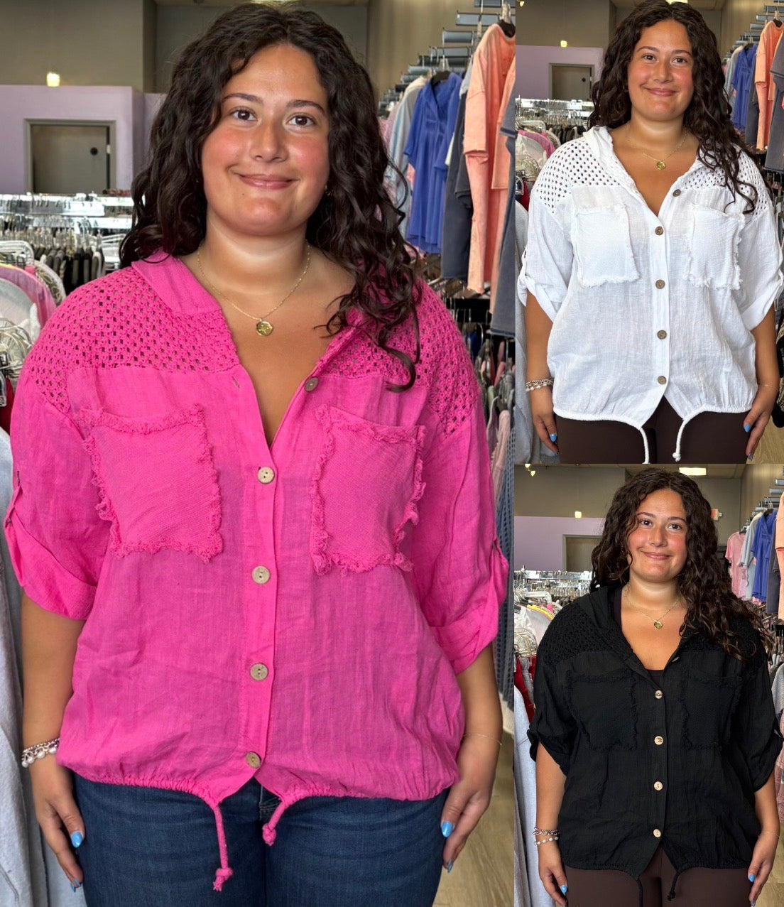 Elbow sleeve, lightweight linen hooded blouses with net inserts