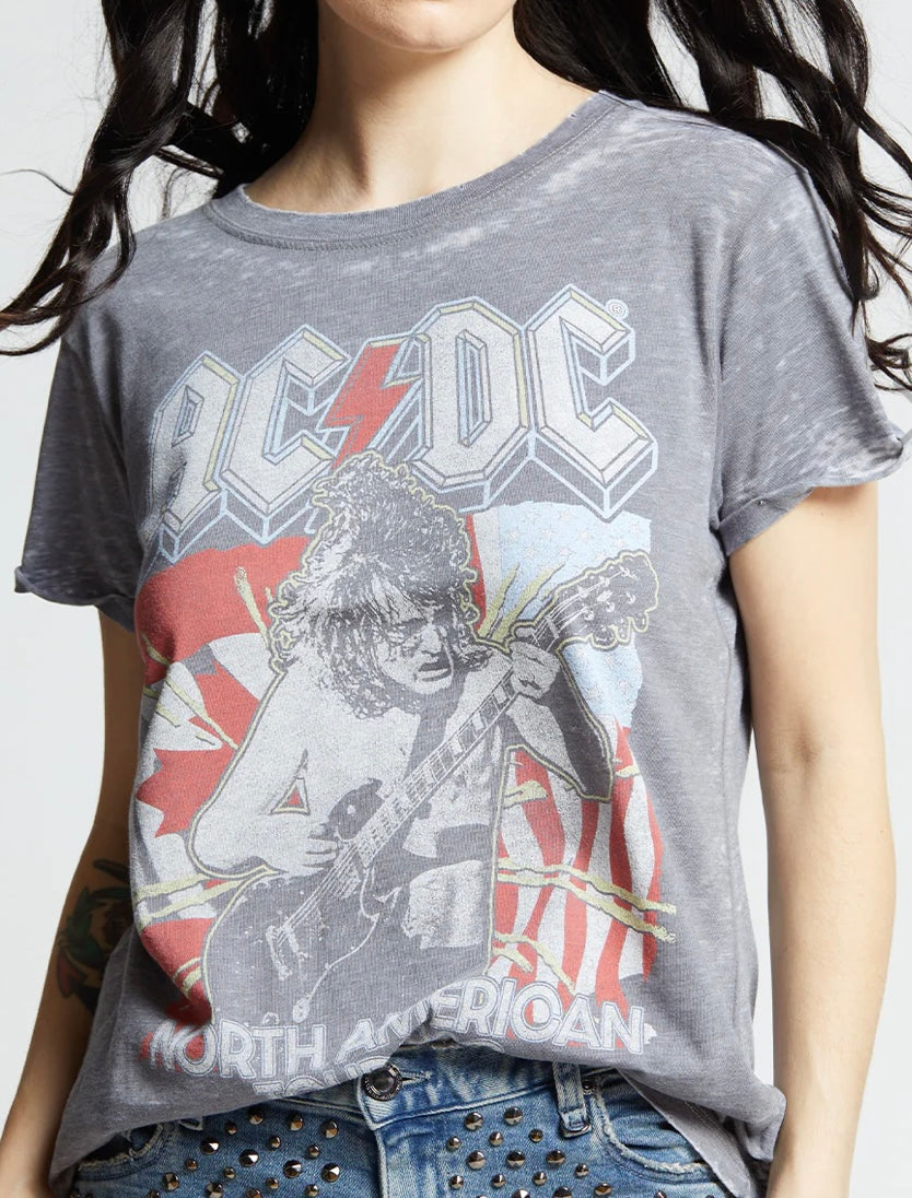Short sleeve graphic tees, AC/DC and Rolling Stones, wear alone or layer under a denim jacket or shacket