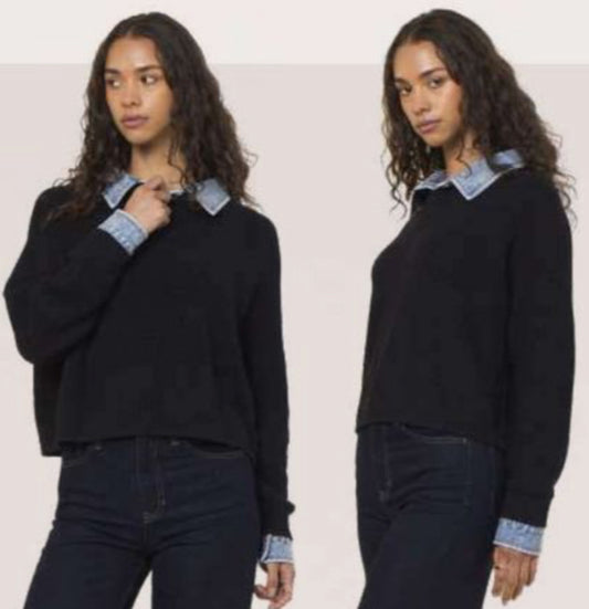 Vintage Havana black sweater with denim collar and wrists