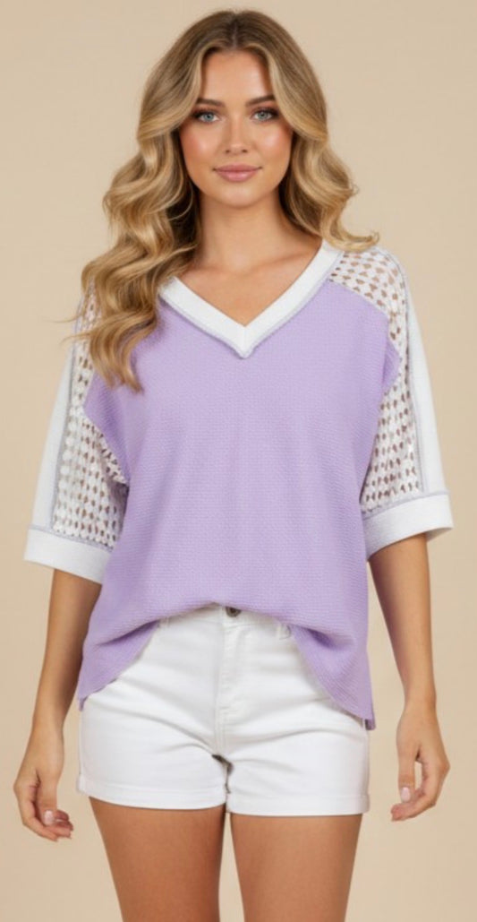 Lilac v neck top with crochet sleeves