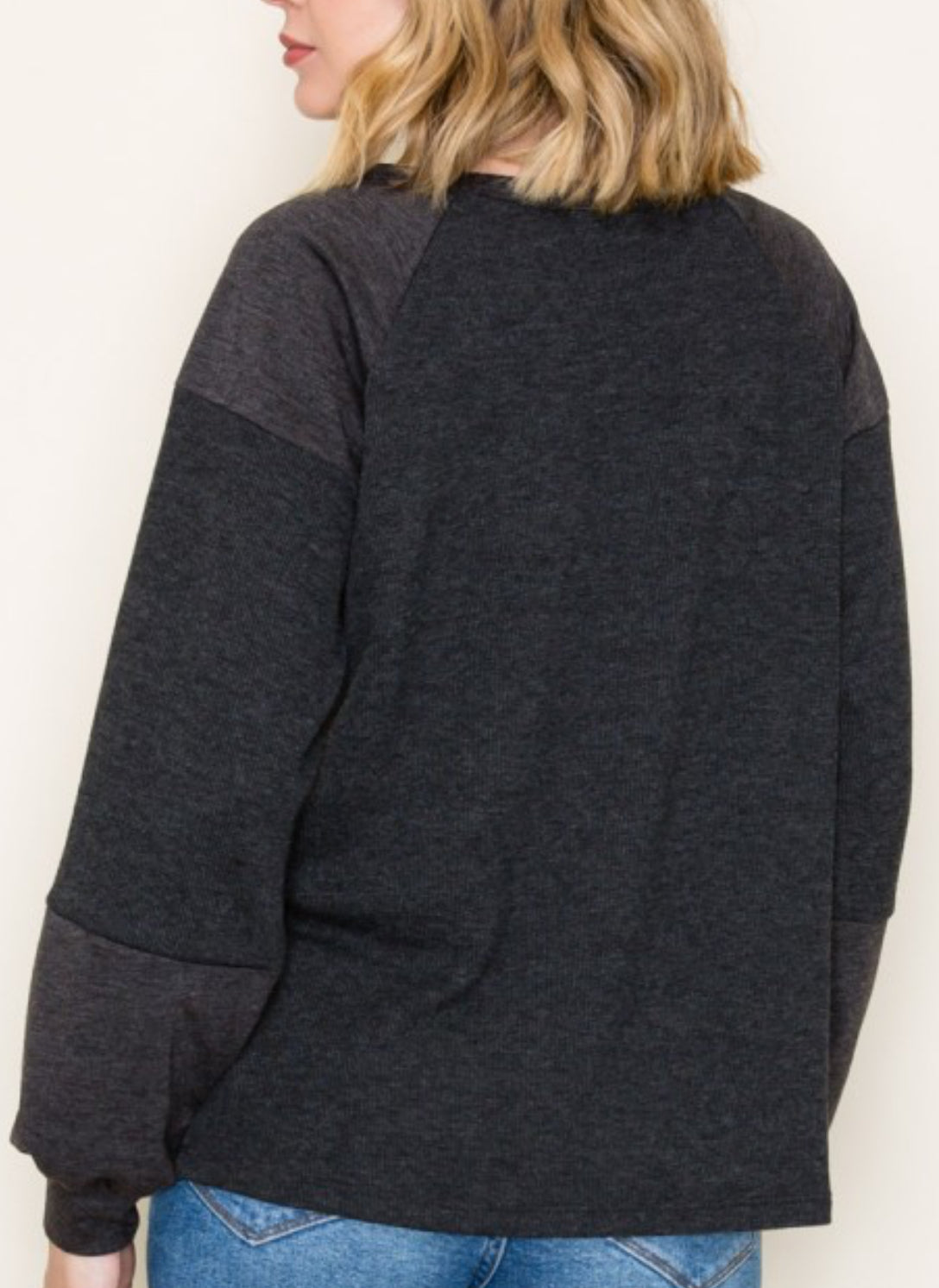 Charcoal soft knit mixed fabric top