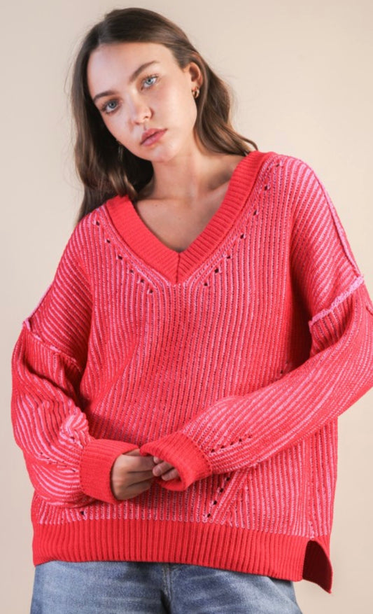 PREORDER NOW, Arriving Friday...Red relaxed fit v neck soft ribbed sweater