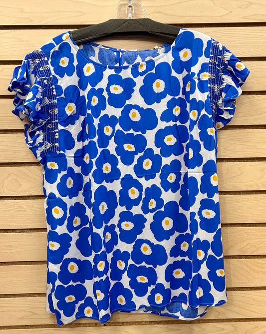 Royal blue with daisies and smock detail cap sleeve top