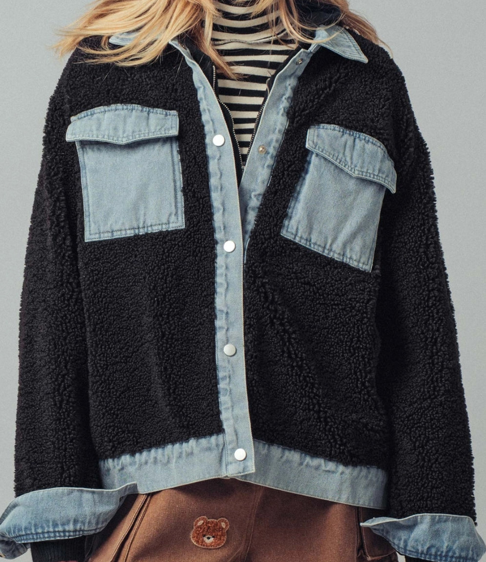 RESTOCKED!!! Last shipment sold out in 2 hours!!!Black snap front soft sherpa jacket with denim trim and pockets