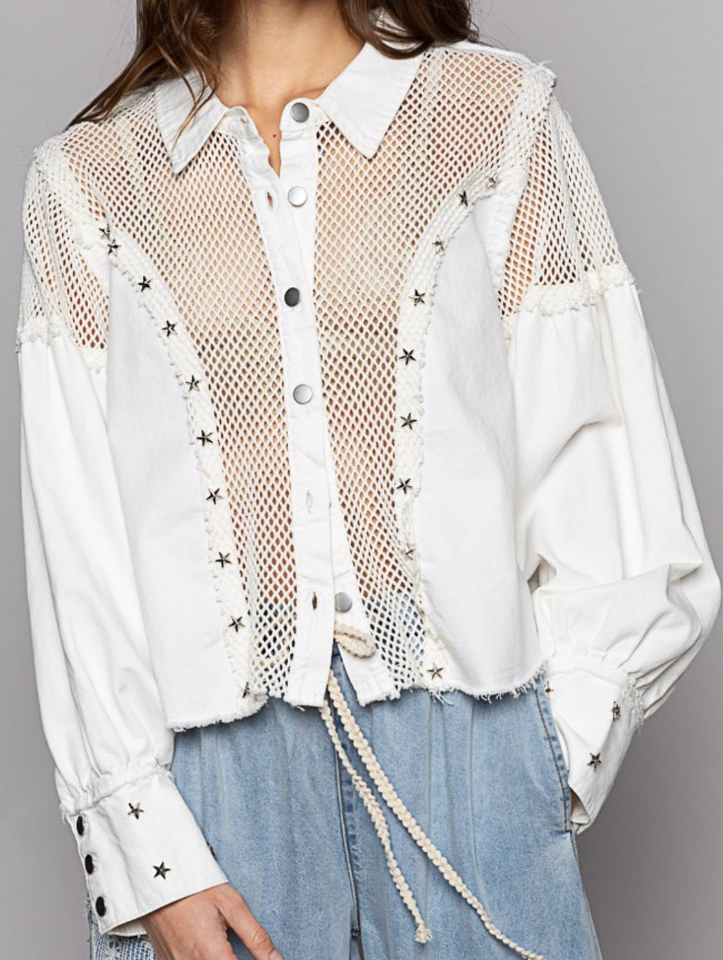 Off white jacket with star studs and net inserts