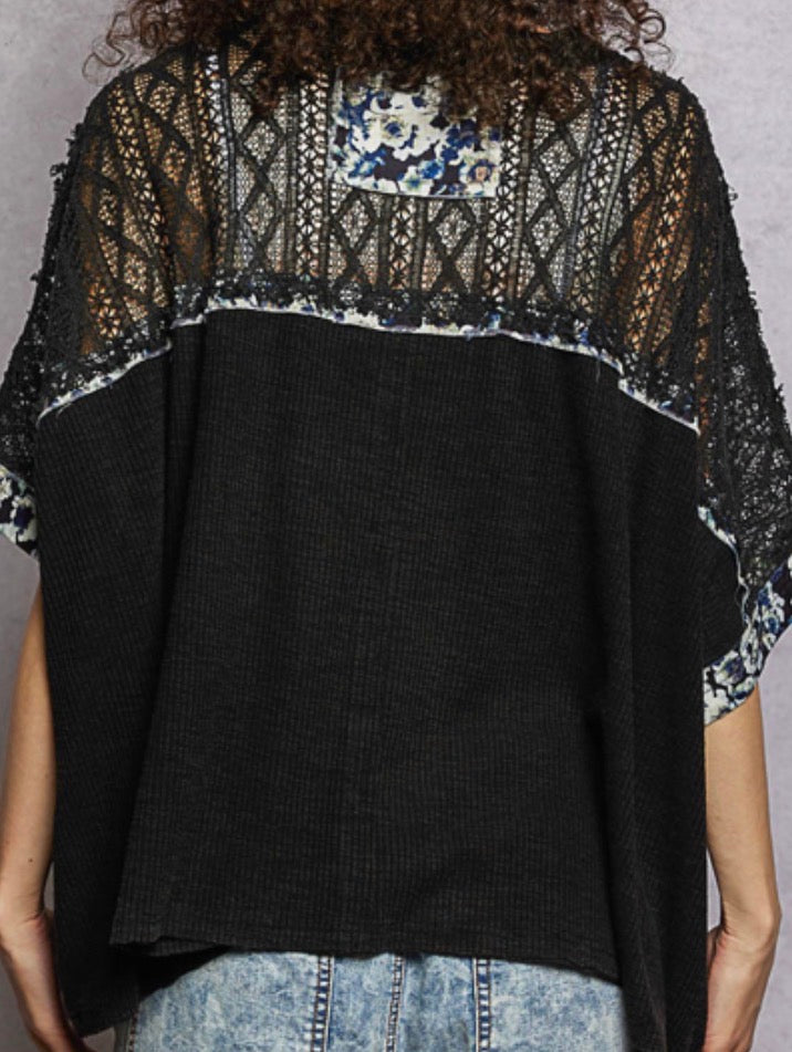 Black lace loose fit top with floral patches