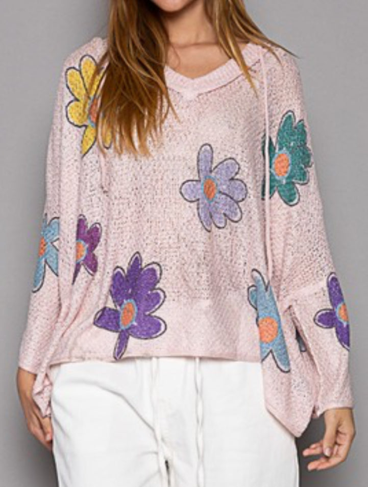 Pink lightweight soft knit loose fit hoodie with multi flowers NEW COLOR IN BEST SELLING STYLE!