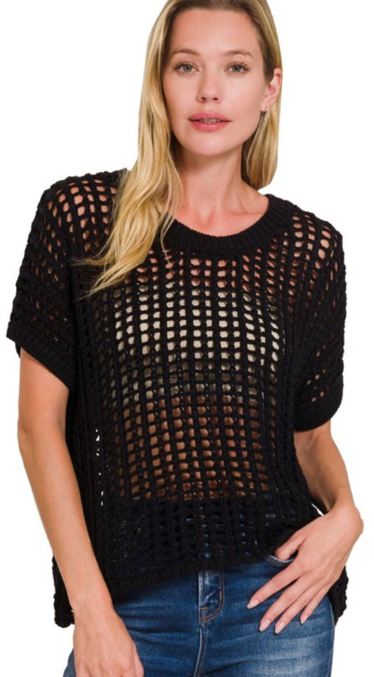 Black boxy short sleeve crochet top