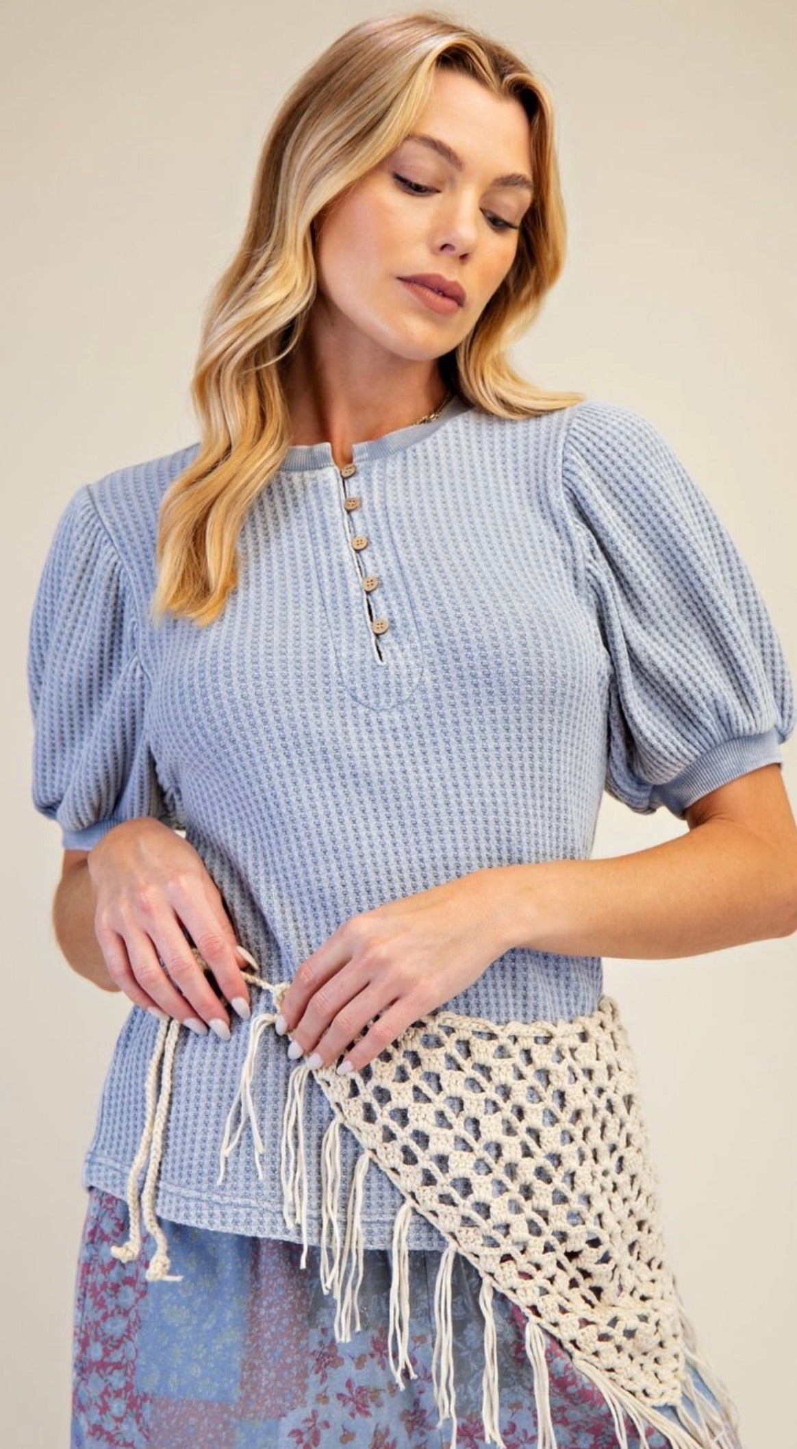Blue waffle henley with puff shoulders