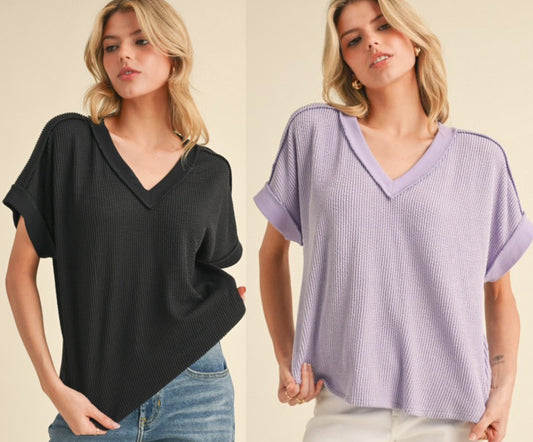 Black and lilac short sleeve soft rib v neck tops