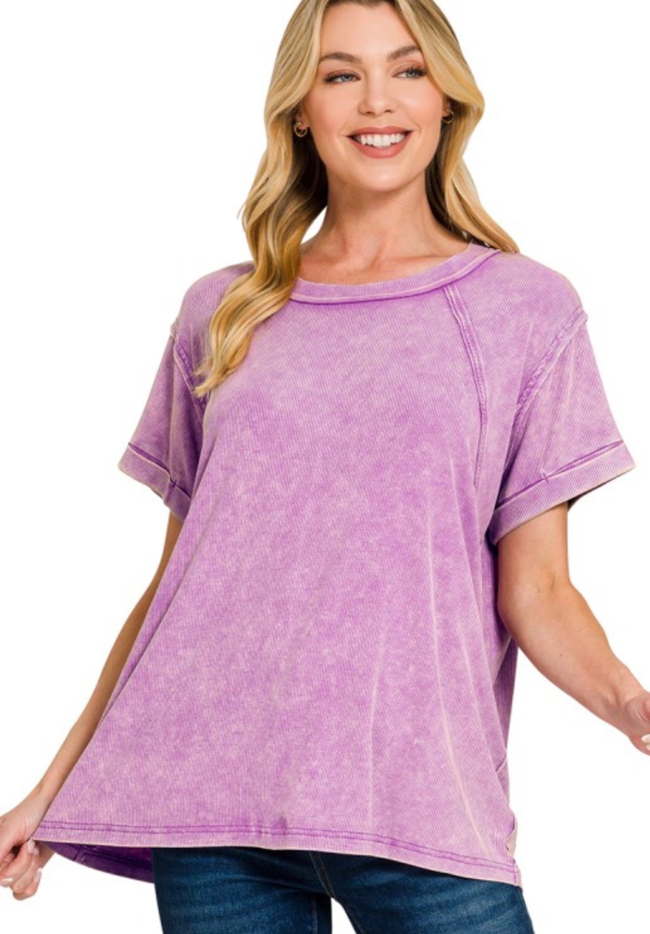 Lilac soft rib short sleeve raglan top