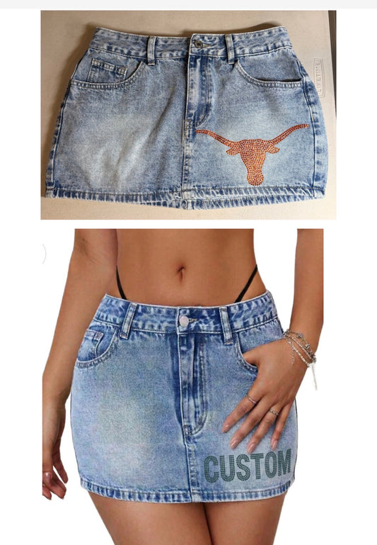 Custom low waist denim skirts with bling! Looks great paired with our bling tank tops! (ALL schools are available to order)