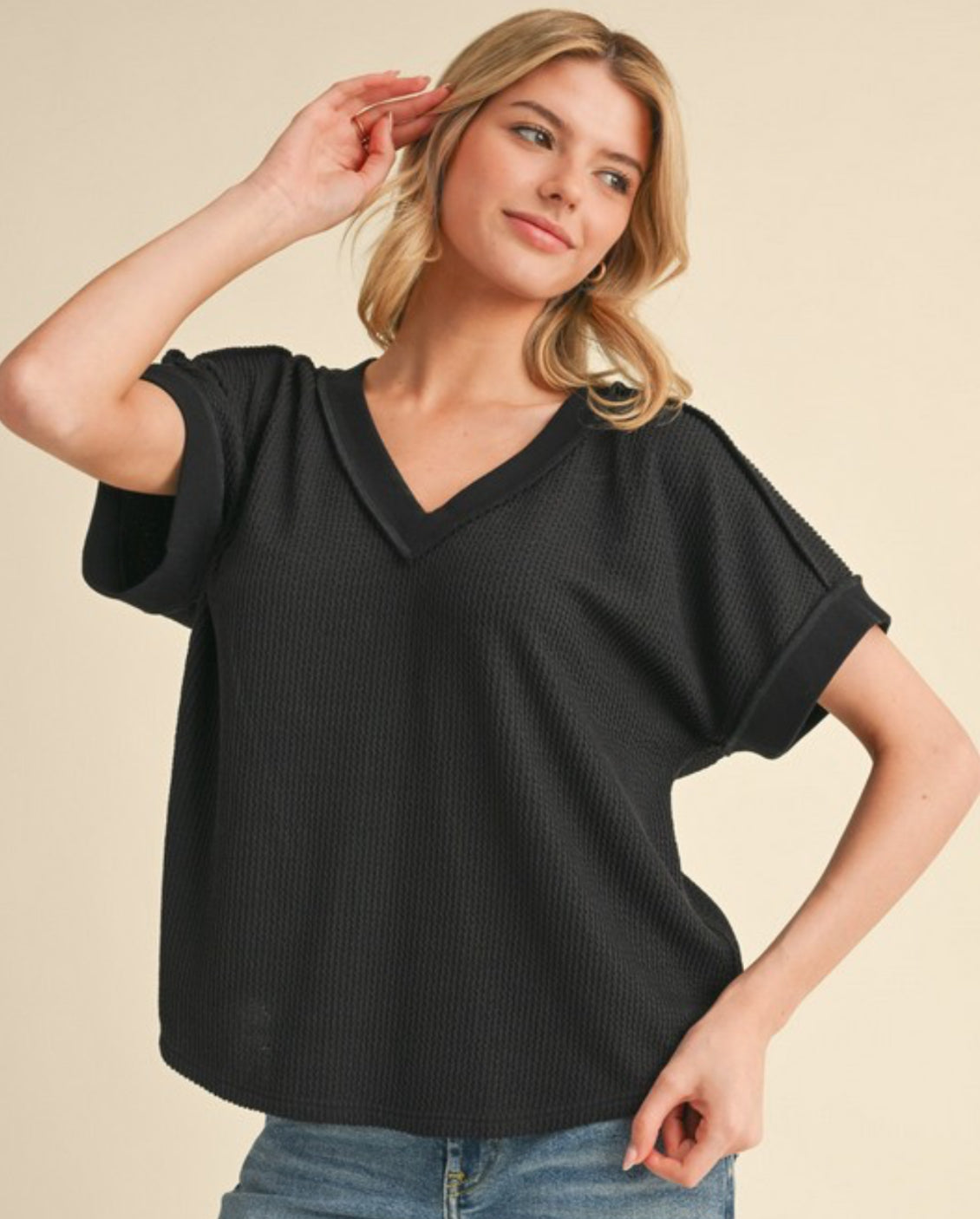 Black and lilac short sleeve soft rib v neck tops