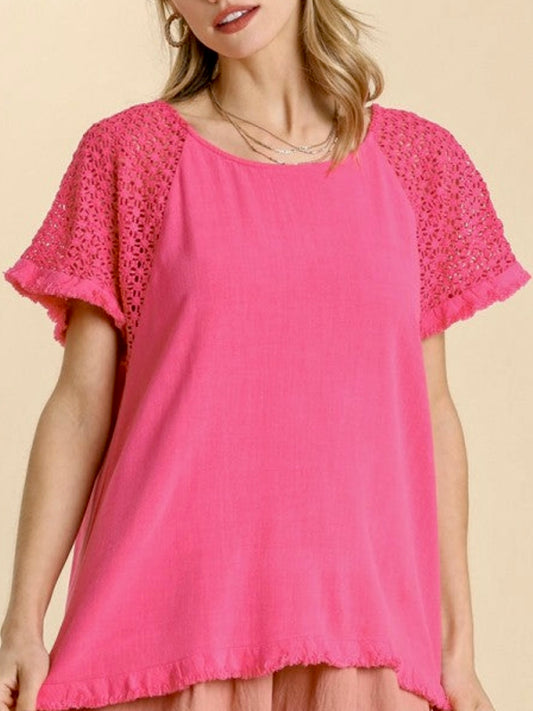 Pink linen blend top with crochet sleeves & fray detail