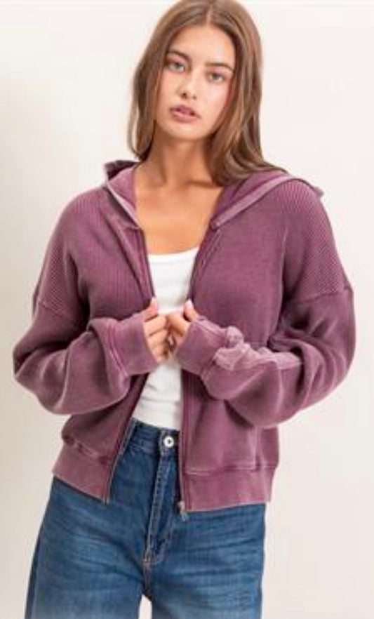 Dark cherry soft fleece zip hoodie with waffle inserts