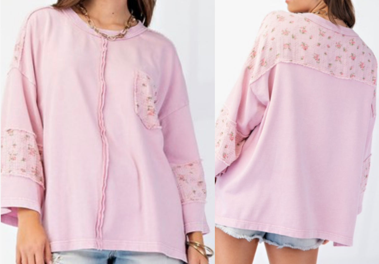 Pink loose fit 3/4 sleeve top with floral trim and pocket