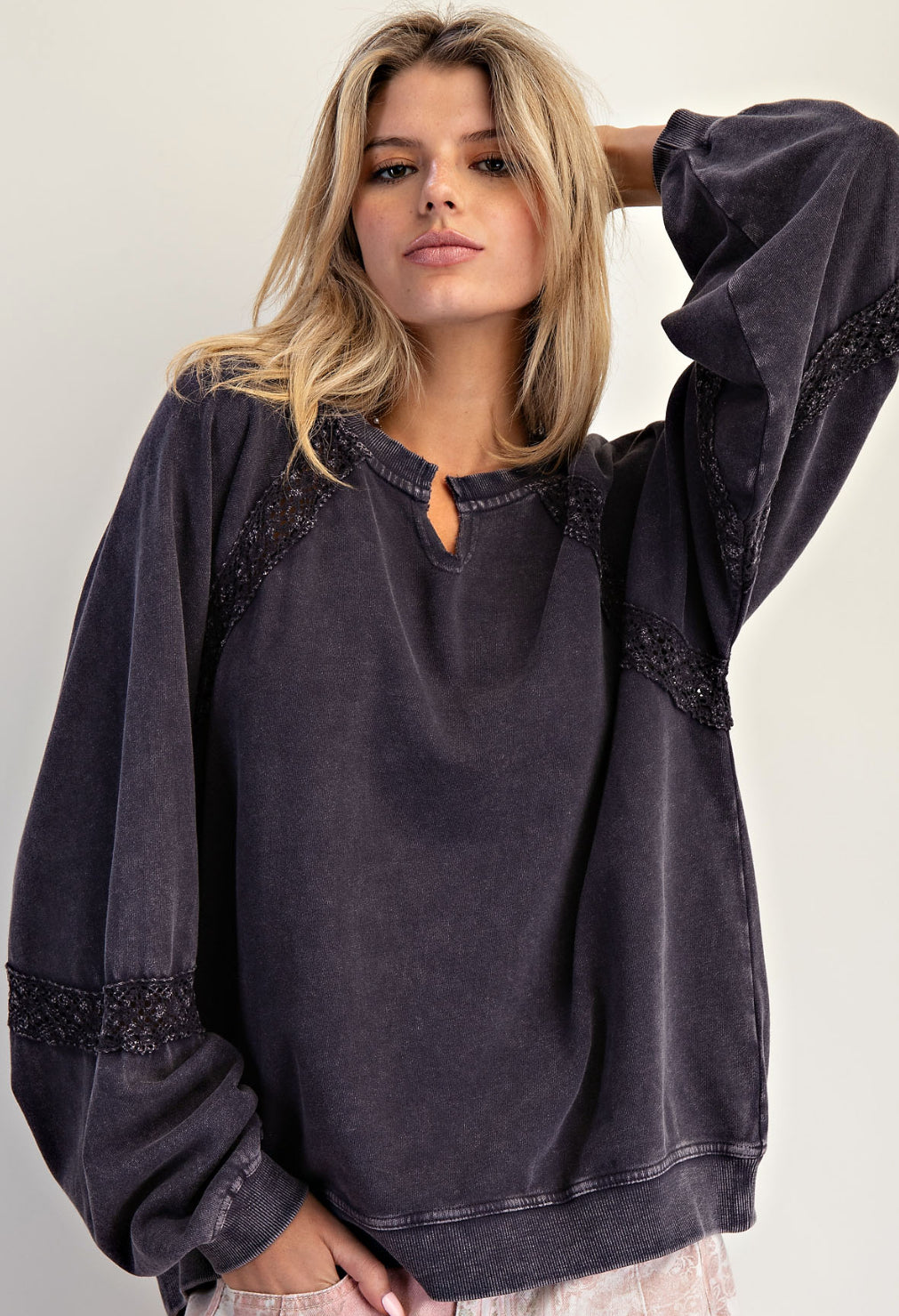 Charcoal notch neck sweatshirt with crochet inserts