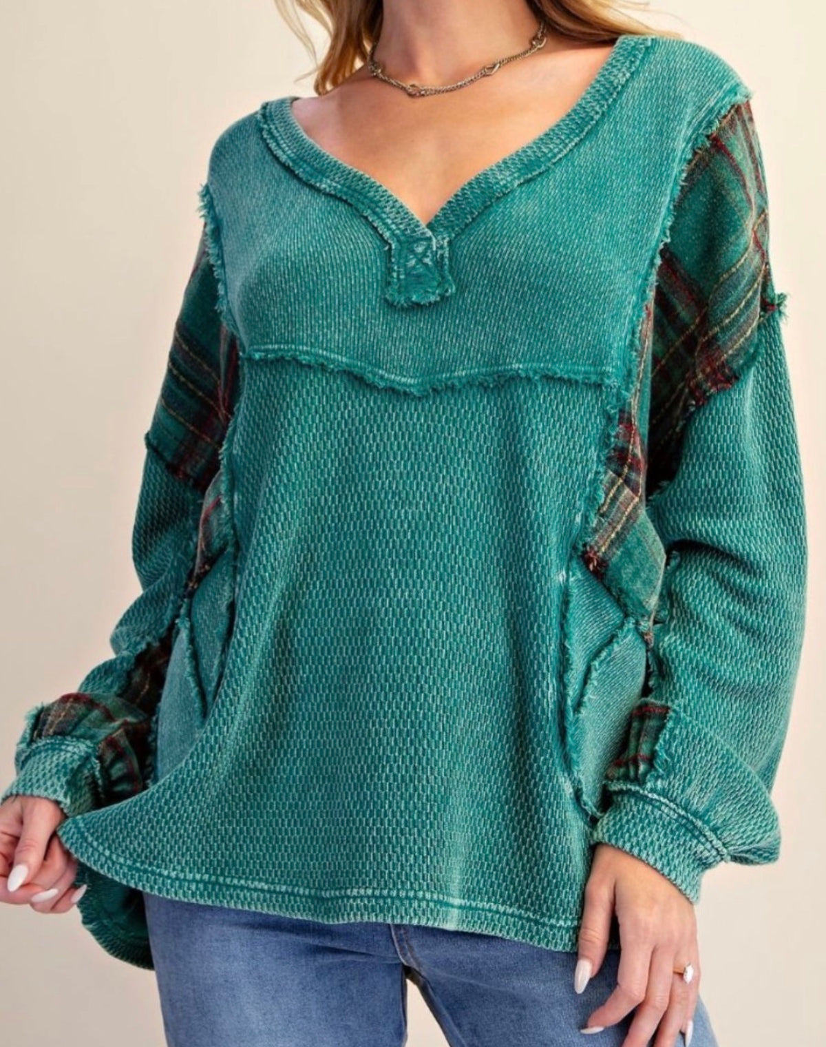 Green thermal loose oversized v neck top with plaid inserts