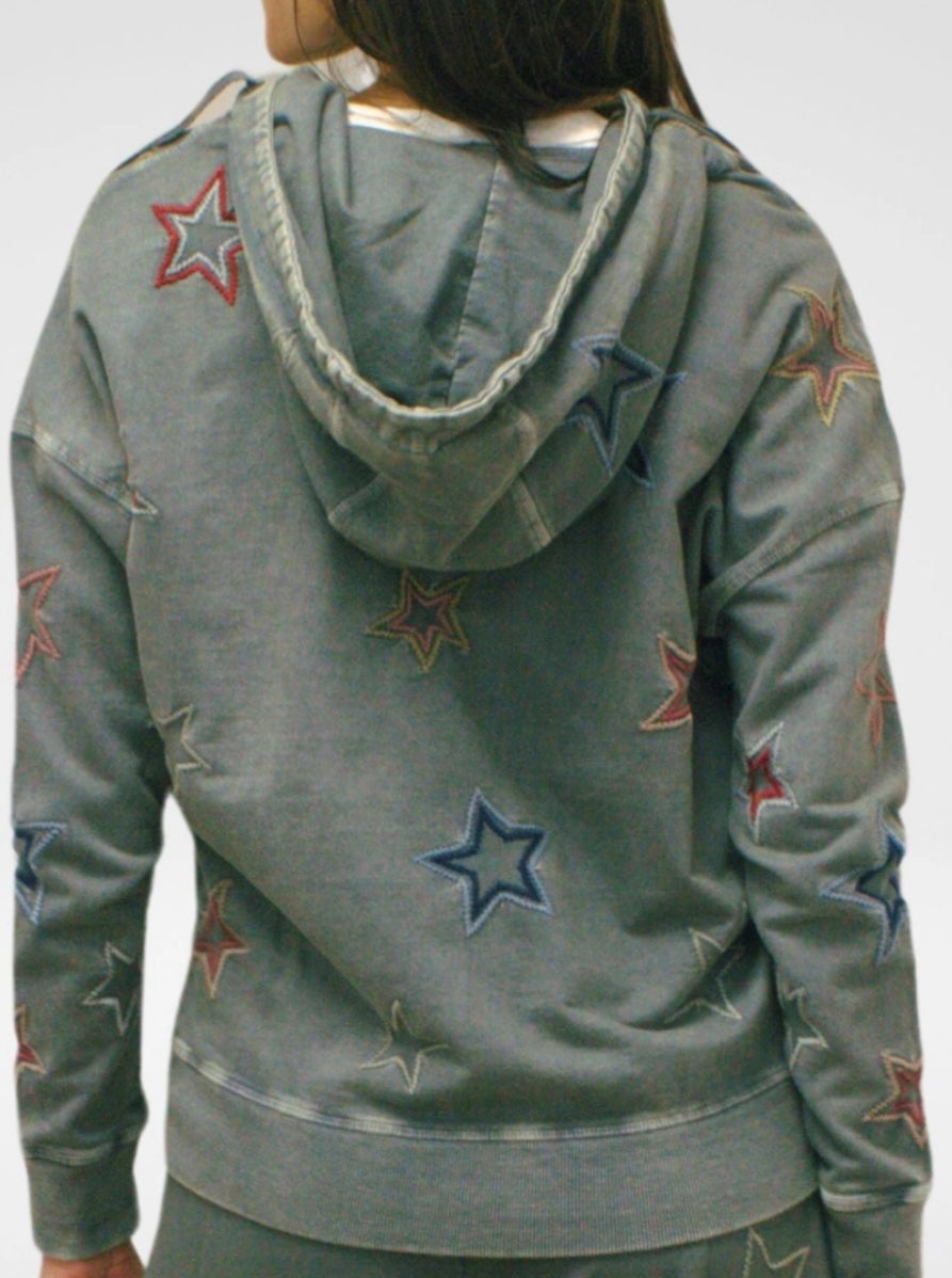 Caite & Kyla embroidered stars zip hoodie and denim blouse