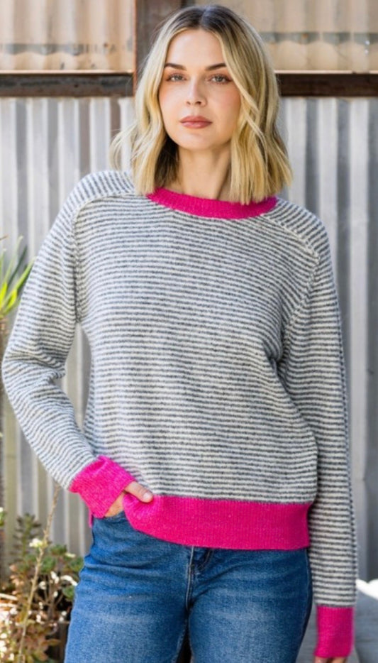 Stripe soft knit top with hot pink trim