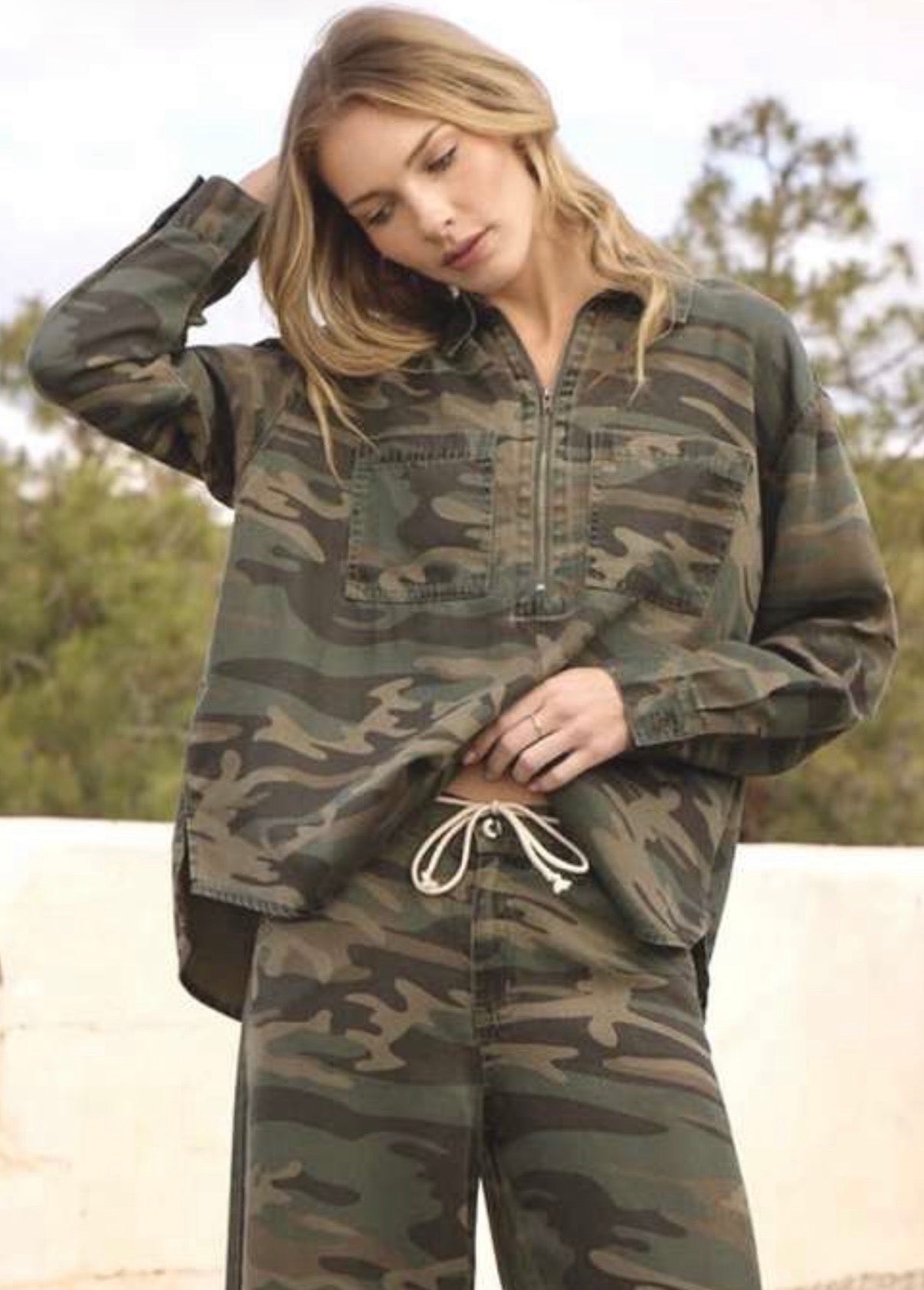 Vintage Havana camo tencel quarter zip blouse