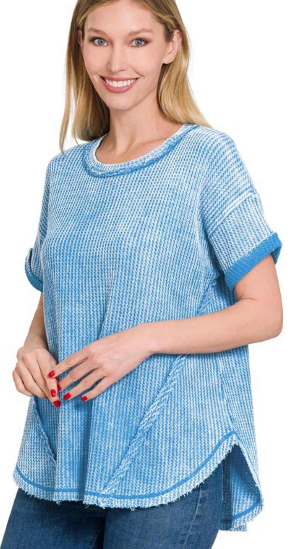 Sky blue relaxed fit waffle top