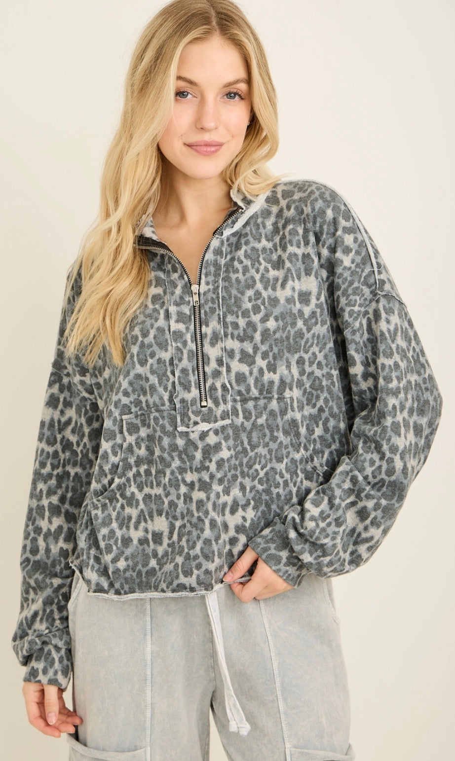 Grey leopard soft knit quarter zip