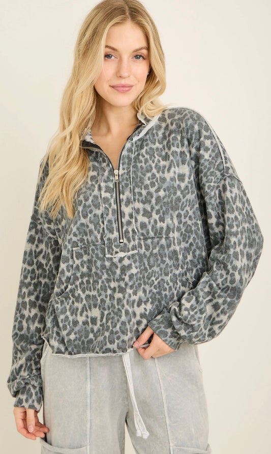 Grey leopard soft knit quarter zip