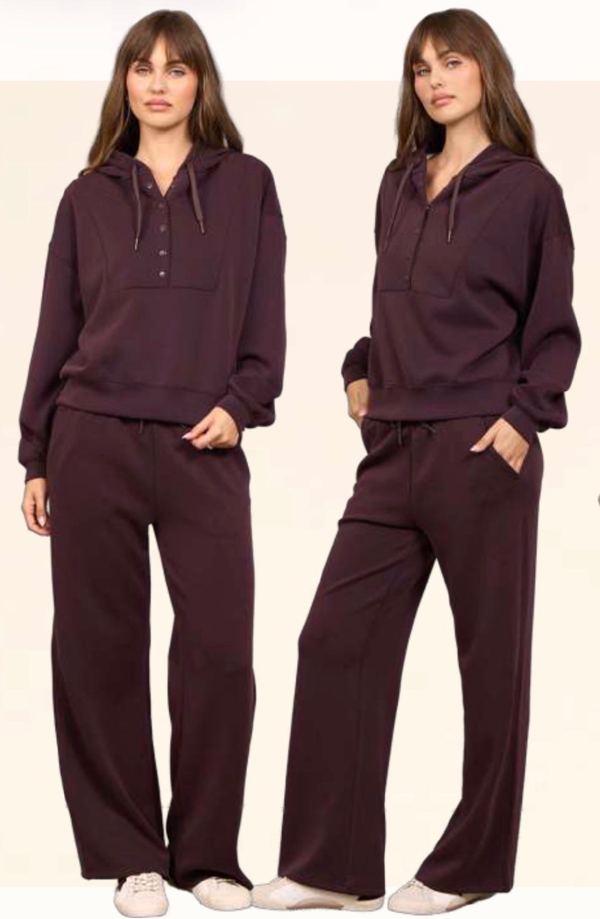 Vintage Havana Bordeaux soft scuba quarter snap hoodie and loose fit pants (sold separately)