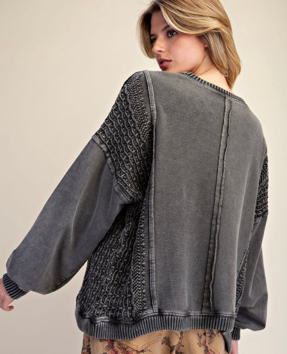 Grey loose fit sweatshirt with crochet inserts