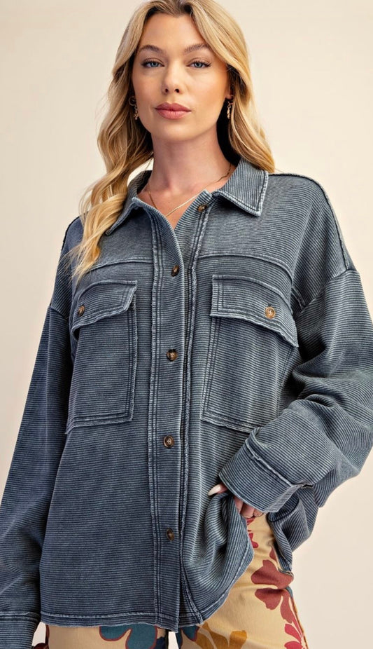 Washed navy loose fit soft knit shacket