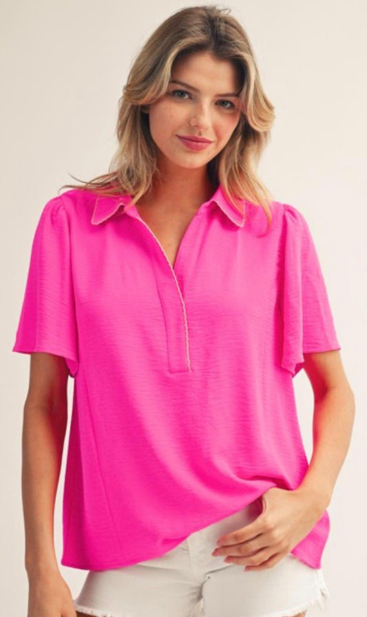 PREORDER NOW, Arriving Friday…Pink v neck with collar lightweight airflow top