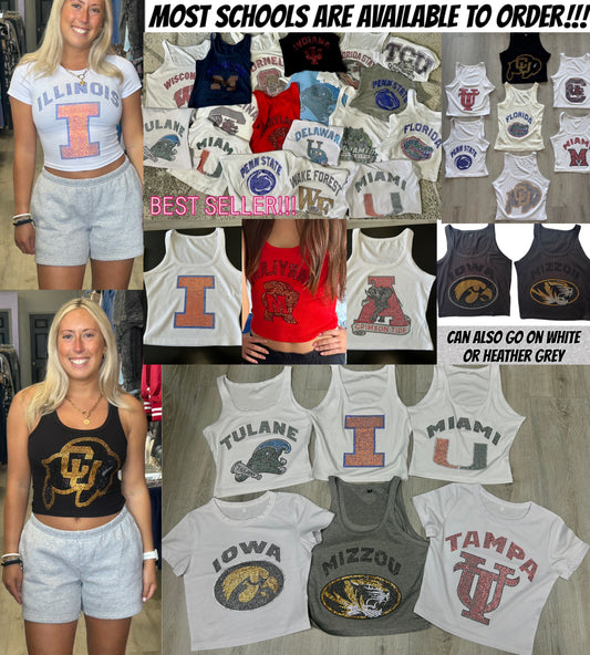 HOT ITEM!!! Custom college bling tanks and crop tees, BEST GIFT! MOST SCHOOLS ARE AVAILABLE TO ORDER, SEE PIC 2 FOR OTHER OPTIONS & see pics for some schools made up