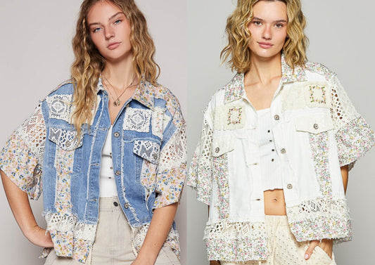 Short sleeve lace and crochet denim jackets with floral trim