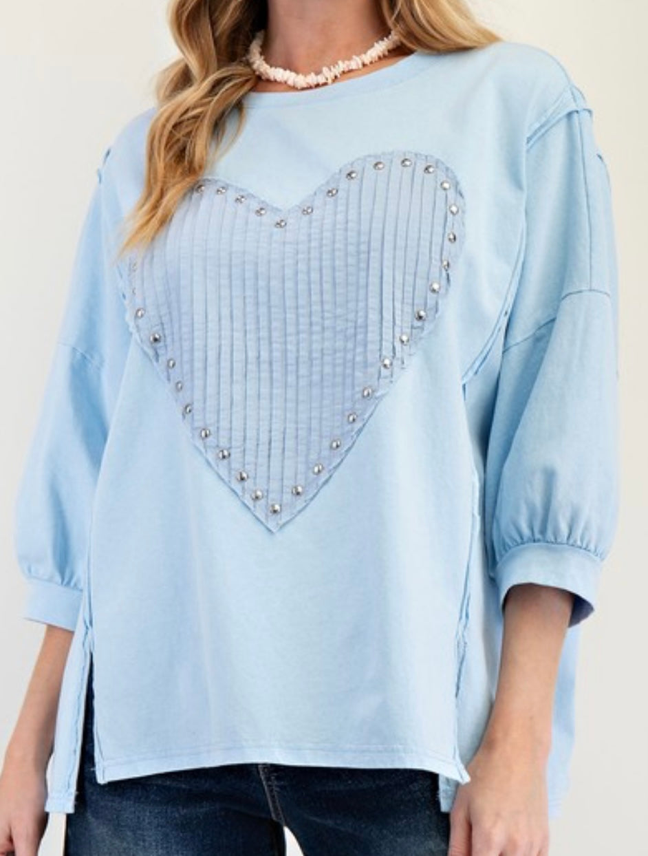 Blue loose fit 3/4 sleeve top with stud outline heart