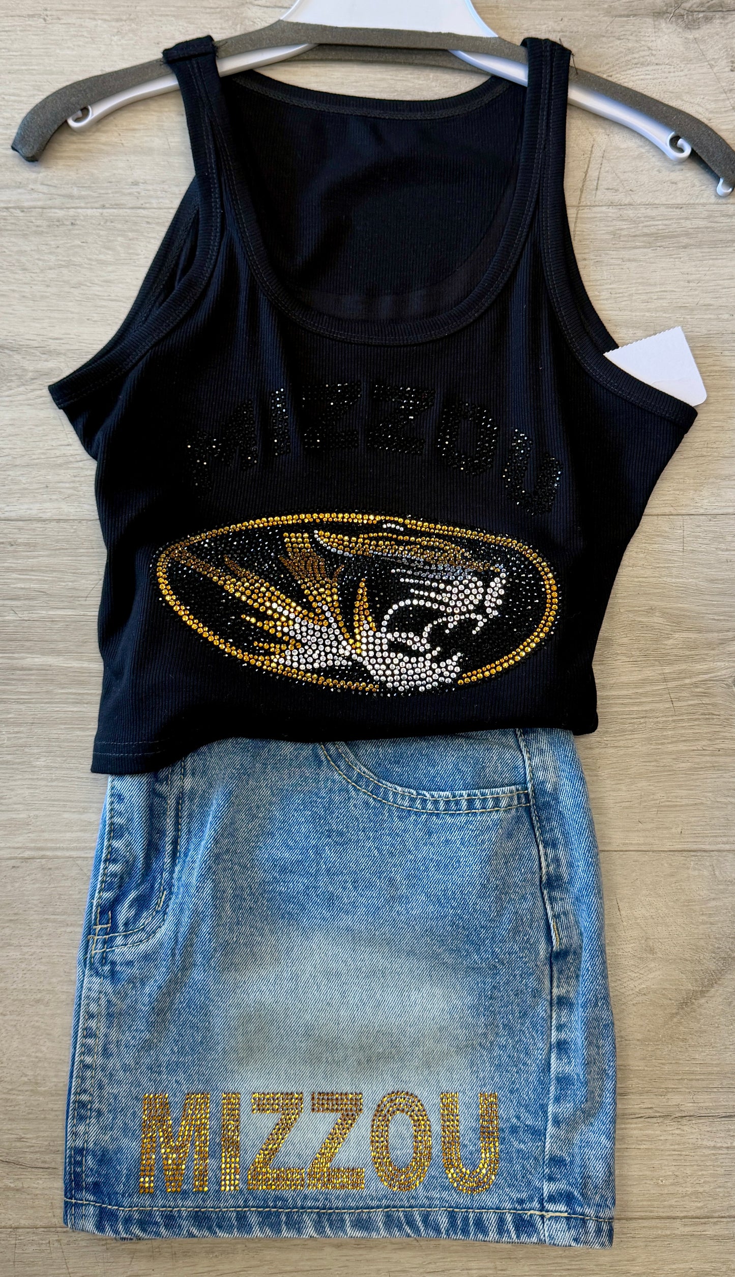 Custom low waist denim skirts with bling! Looks great paired with our bling tank tops! (ALL schools are available to order)