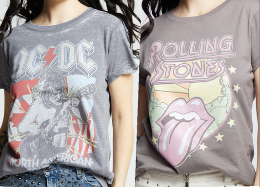Short sleeve graphic tees, AC/DC and Rolling Stones, wear alone or layer under a denim jacket or shacket
