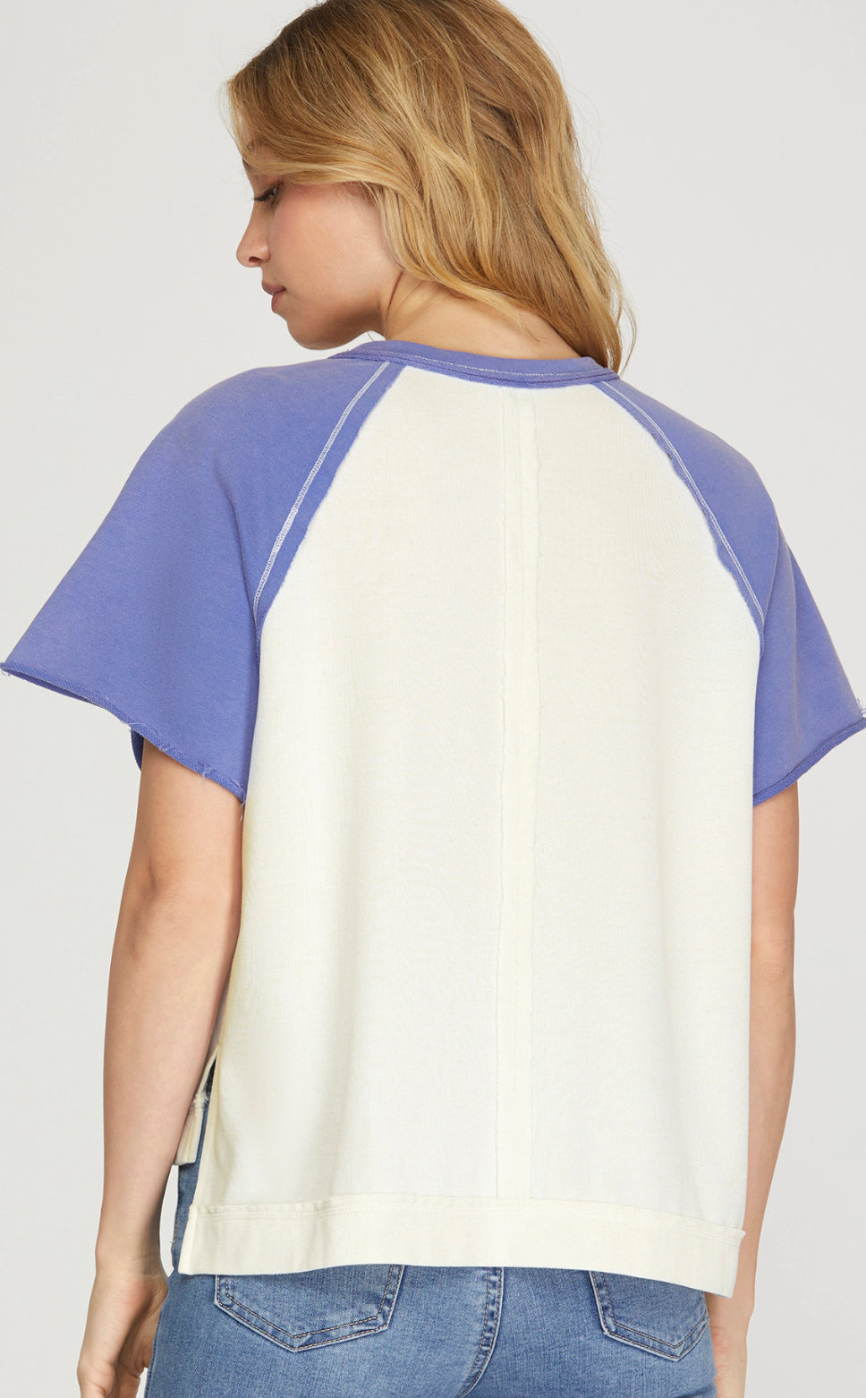 White with blue sleeves colorblock raglan henley tee