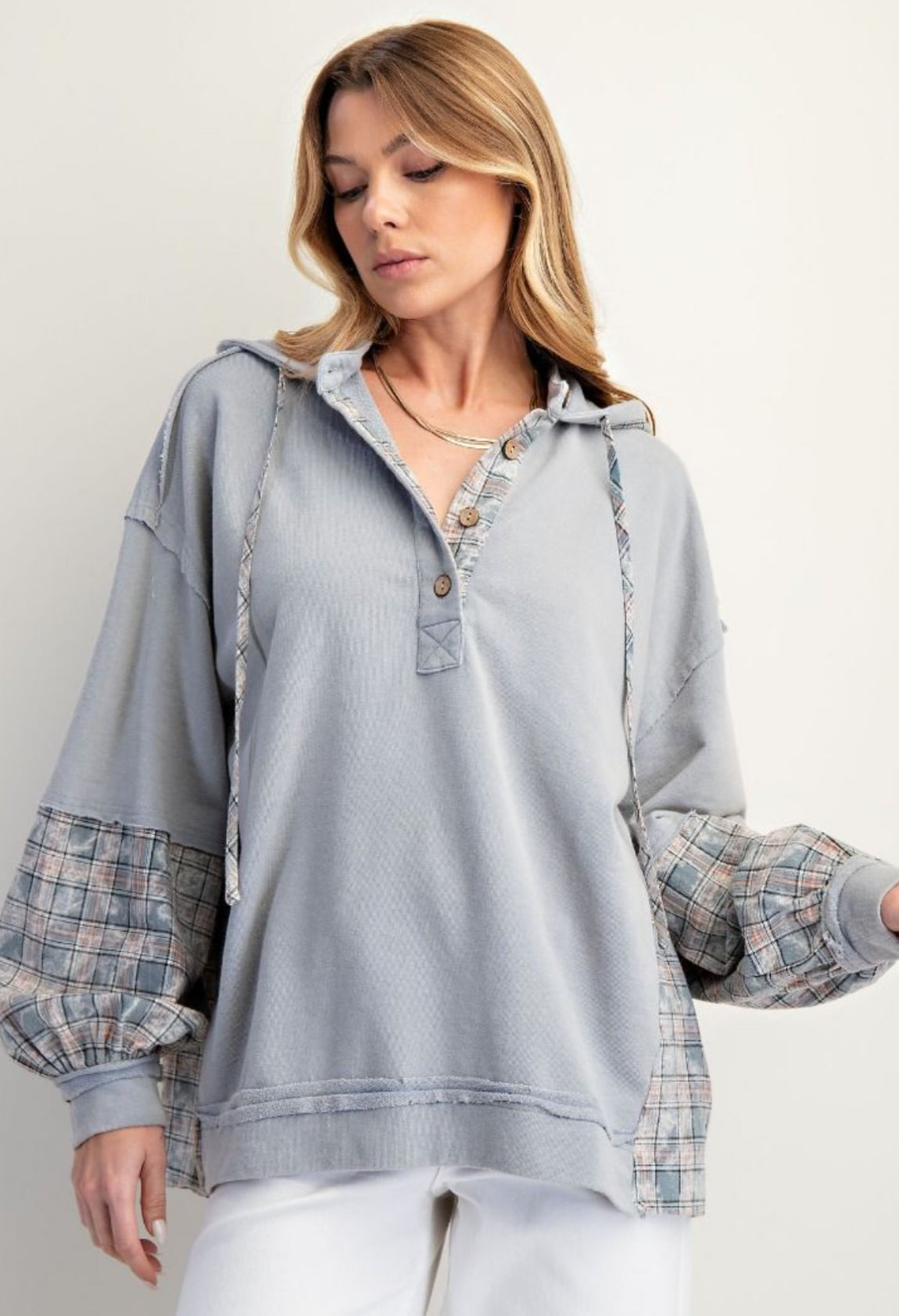 Ice blue hoodie with plaid inserts