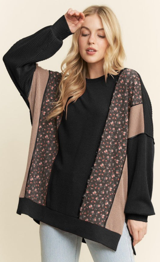 Black loose fit ribbed top with floral inserts