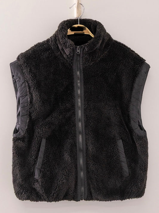 Black soft sherpa vest with puffer back